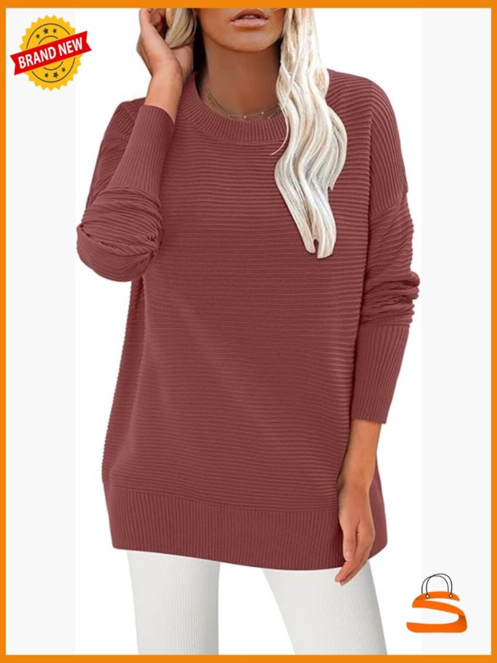 Long Sleeve Ribbed Knit Pullover Sweater with Thumb Holes